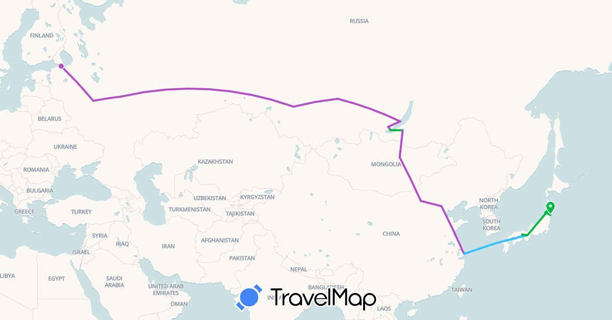 TravelMap itinerary: driving, bus, train, boat in China, Japan, Mongolia, Russia (Asia, Europe)